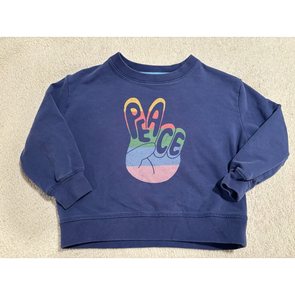 Mini Boden Kids Rainbow "Peace" Blue Sweatshirt 4-5Y Pullover
